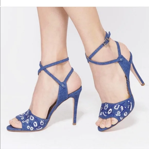 Veronica Beard chambray Denim White Floral Embroidered Sandals Heels Strappy - Picture 2 of 9